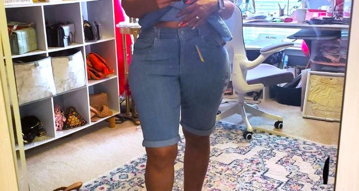 Wearing Levi's Bermuda Shorts in a medium indigo color