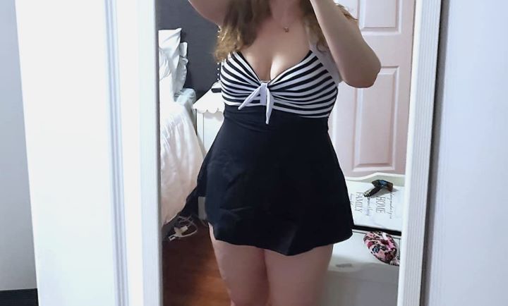 Fitting the Cocoship Vintage Sailor Pin Up Swimsuit Retro One Piece in black & white color
