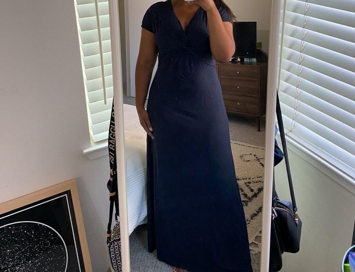Trying out the Amazon Essentials dress for pear shape in a blue color