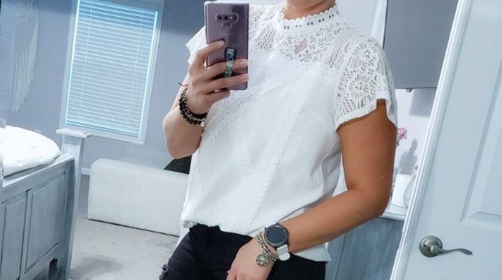 Wearing Cute Lace Blouse Top Short Sleeve Lace Hollow Out Turtle Neck from ZXZY