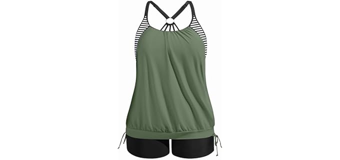 Holipick Tankini - Plus Size Blouson Swimwear with Shorts