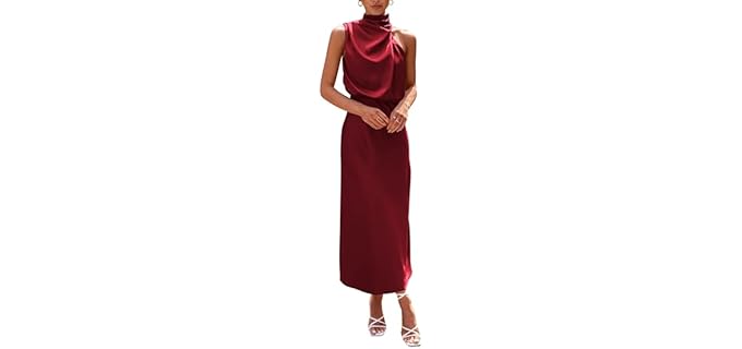 PrettyGarden Mock Neck - Elegant Satin Maxi Dress