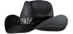 grinderPUNCH Unisex Outback - Classic Black Straw Outback Hat with Longhorn