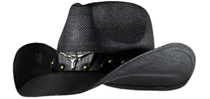 grinderPUNCH Unisex Outback - Classic Black Straw Outback Hat with Longhorn