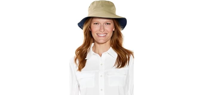 Coolibar UPF 50+ Men's Reversible Bucket Hat - Sun Protective,Large/X-Large,Tan/Navy