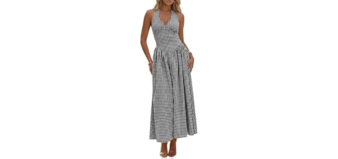 Wenrine Womens Halter V Neck Corset Maxi Dresses Summer Plaid Smocked Dress